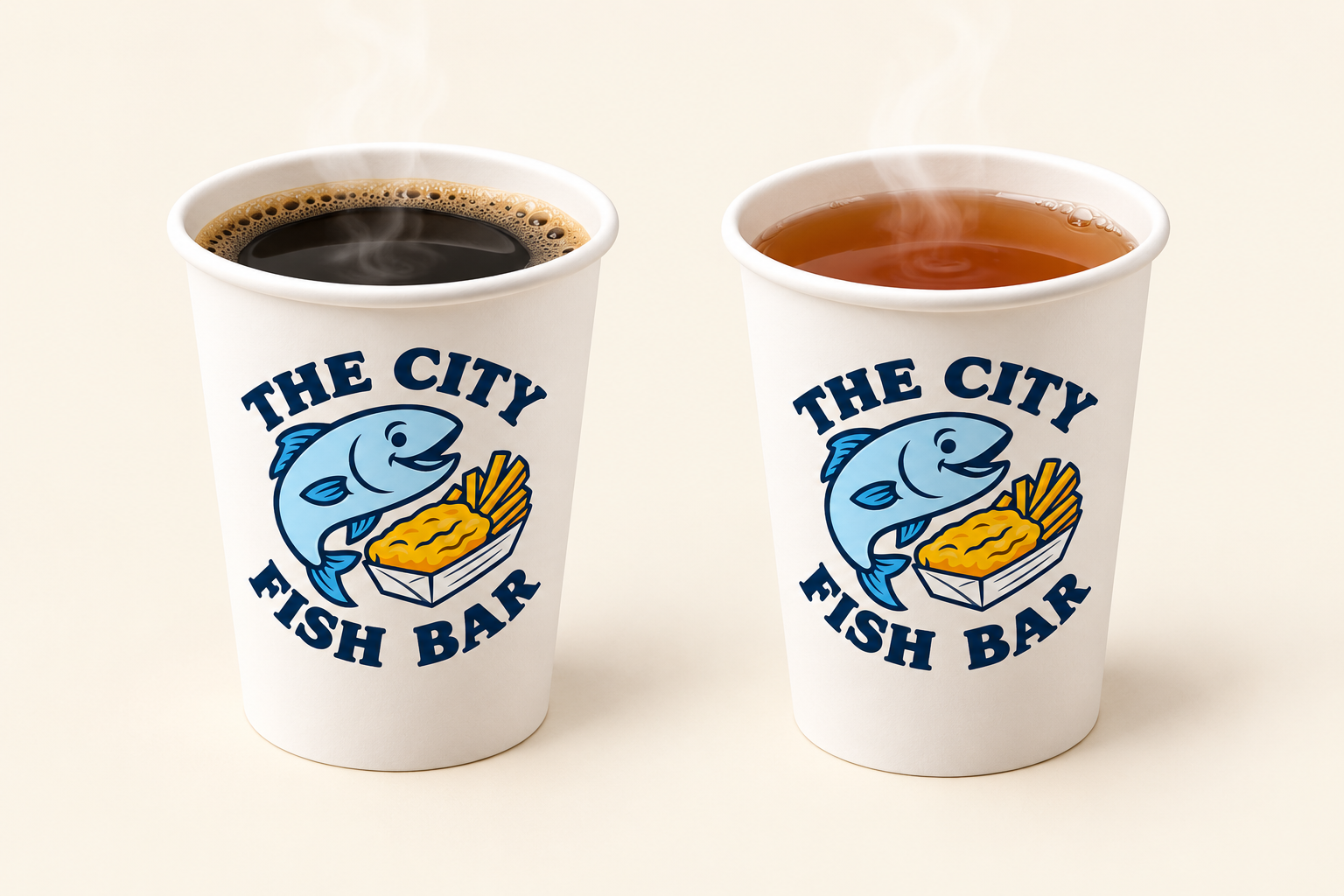 Product mockup of two white 8oz takeaway cups with the City Fish Bar logo, containing coffee and tea
